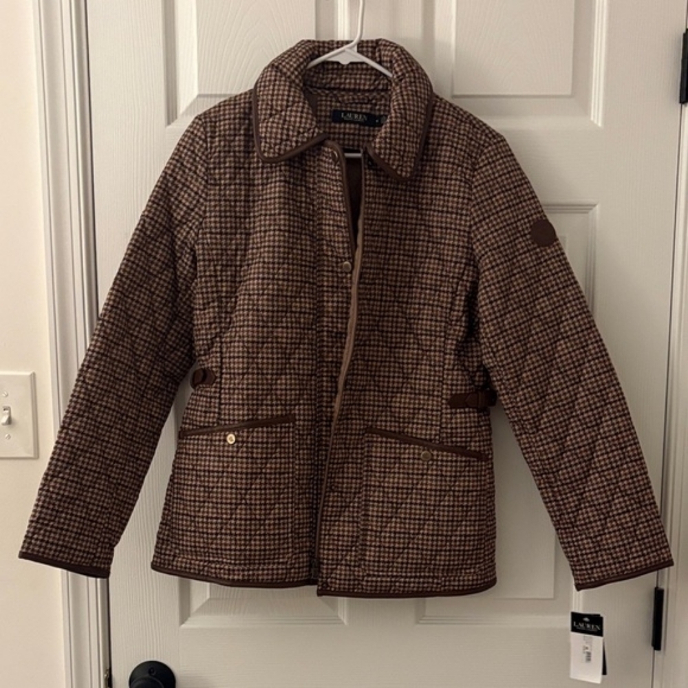 LAUREN Ralph Lauren Quilted Utility Jacket - Brown Houndstooth Check XL, NWT